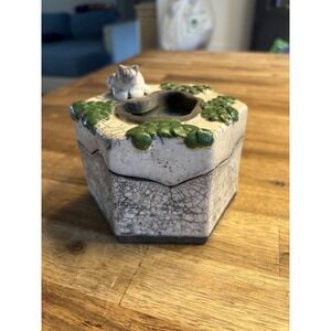 Handmade Trinket Box With Cat Mirror Pond And Greenery Beautifully Detailed OOAK
